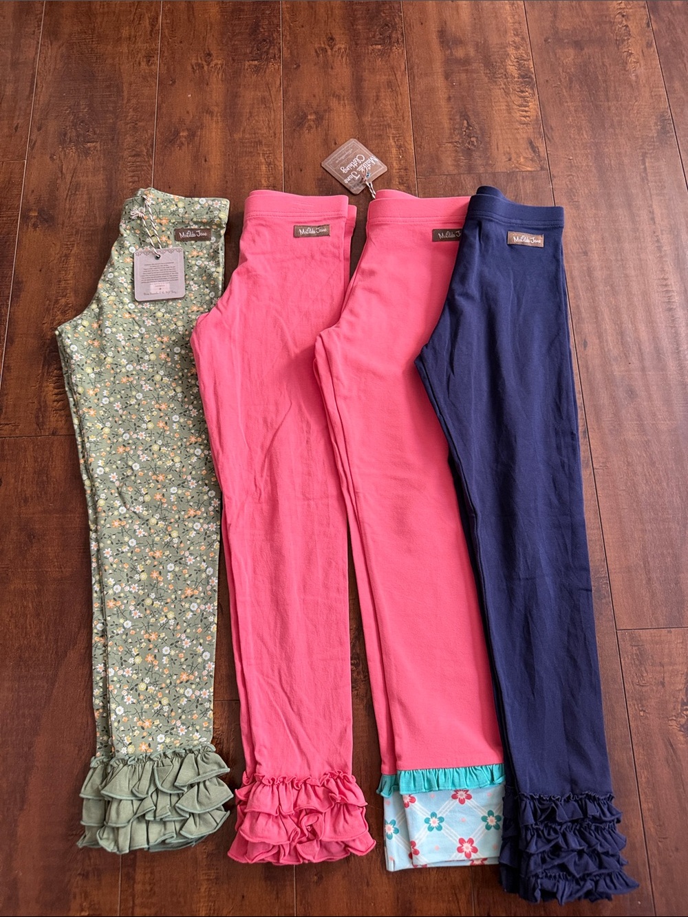 Matilda Jane Girls' Green Floral, Pink, and Navy Ruffle Hem Leggings Set